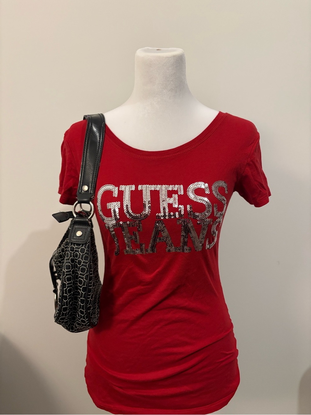 Y2K Red Sequin Logo Baby Tee Fitted Glam Going Out Top